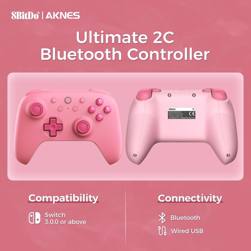 AKNES 8BitDo Ultimate 2C Bluetooth Controller for Switch, Switch 2, Hall Effect Joysticks, Wake-up Switch 1, Non-linear Digital Triggers, Remappable L4/R4 Bumpers, 6-axis Motion Control and Rumble Vibration- Pink - Image 2